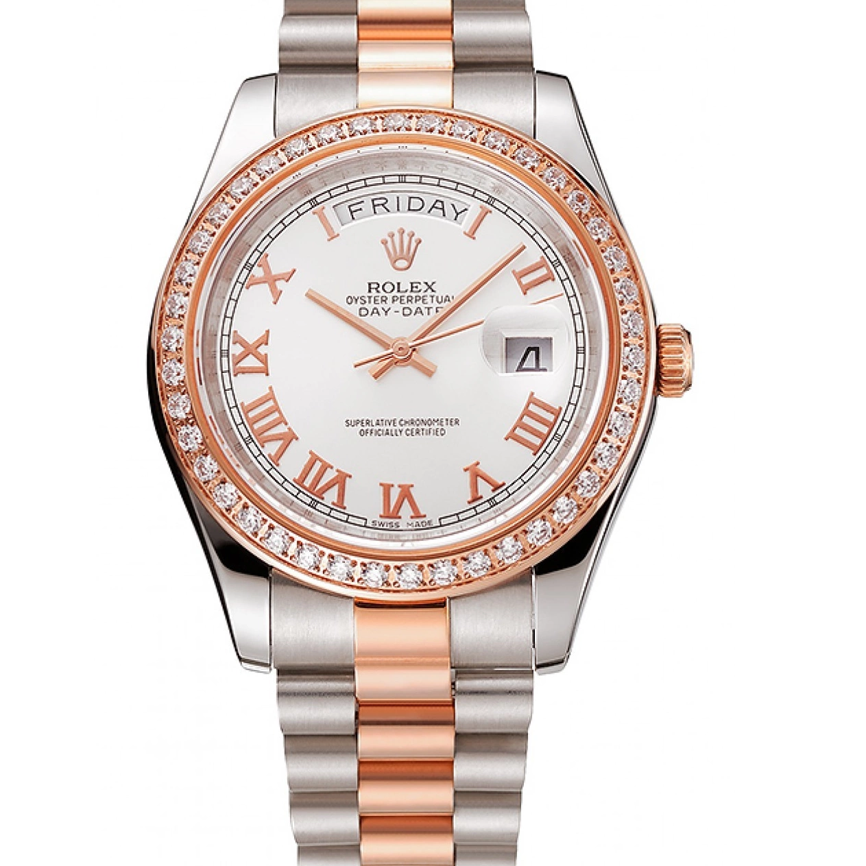 Good Copy Rolex Watches Day-Date Diamonds Steel Bezel Rolex And 1454108 Swiss Gold Staineless Dial Bracelet White Rose 0702